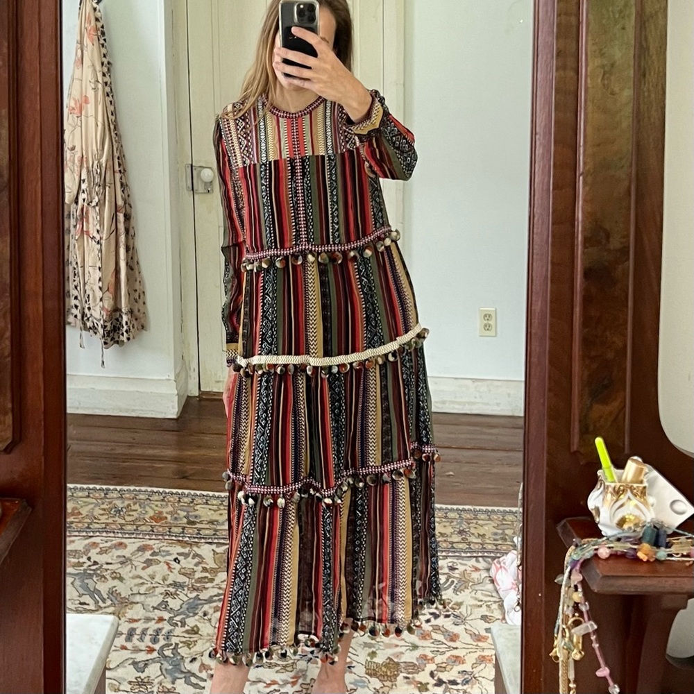 Zara boho ikat pom pom maxi dress